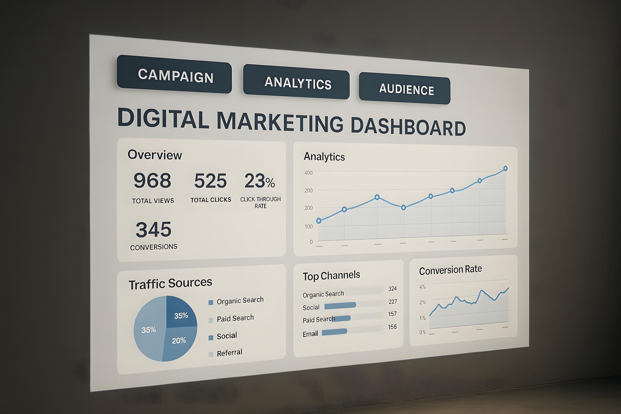 Das Bild zeigt ein digitales Marketing-Dashboard